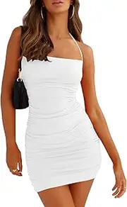 [HOCILLE] Women's Sexy Halter Bodycon Backless Ruched Spaghetti Strap Mini Club Party Dresses