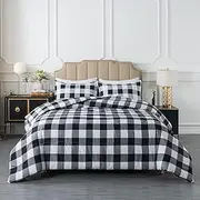 Caressma Buffalo Plaid Comforter Set Queen, Black White Buffalo Plaid Comforter Bedding Set for All Seasons, Classic Gingham Pattern Print Soft Microfiber 3 Pieces Comforter with Pillowcases