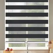 SEEYE Cordless Zebra Blinds Roller Shades for Window Day and Night Blind Dual Layer Light Filtering Shade Light Control Room Darkening Horizontal Window Treatment 34" W X 72" H, Black