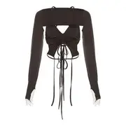 Set: Halter Open-Back Crop Top + Long-Sleeve Bolero Top Brown - L