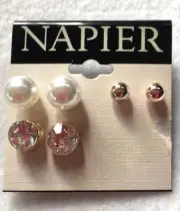 Lot of 3 New NAPIER pierced Earrings Rhinestone / Pearl / Ball #38-6