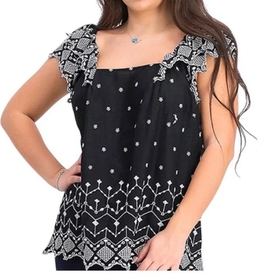 NWT Old Navy Black/White Embroidered Peasant Blouse. Size Large.