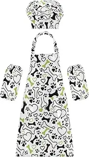 AIXIWAWA Kids Apron Chef Hat Set, Child Kitchen Bib Aprons Adjustable for Cooking Baking Painting (Hearts and Bones)