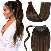 LaaVoo Clip in Ponytail Hair Extensions Human Hair Balayage 14 Inch Darkest Brown Fading to Light Brown Wrap Around Ponytail Human Hair Extensions 70g
