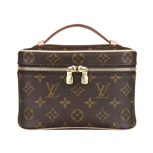 LV Nice Mini滿版印花LOGO塗層帆布結合牛皮拉鍊手提梳洗化妝包(棕褐)