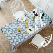 Catzon Tassel Cotton Linen Tablecloths Star Stripes Wave Dustproof Table Cover for Kitchen Dinning Room Party-Blue