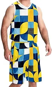 [KQNZT] Basketball Jersey, Jersey Shorts Outfit Set, Men's Athletic Basketball Jersey, Gems Cartoon Geometric Shapes