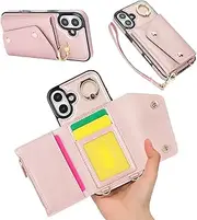 Procarcasa for iPhone 16 Plus Phone Case Wallet with Card Holder,for iPhone 16 Plus Wallet Case Leather Flip Cover Zipper Coin Pocket Kickstand Back Cover with Wrist Strap Lanyard, Rose Gold