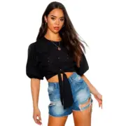 NWT Boohoo Broderie Anglaise’ Eyelet Tie Front Blouse in Black Size 2