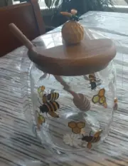 Handpainted Crystal Honey Jar/Dipper "Jeweled" Bee Wings Raised Painted Daisies