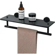 Cubilan Bath Wall Shelf 5" x 16" Floating Glass Shelf In Black W/ Towel Bar