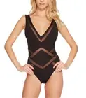 Kenneth Cole Black Mesh Plunge One Piece Swimsuit Women's Size S L47140