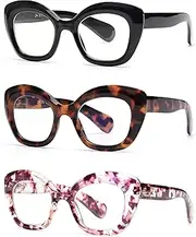 JM 3 Pack Oversized Cat Eye Reading Glasses for Women Funky Blue Light Flexible Cateye Readers