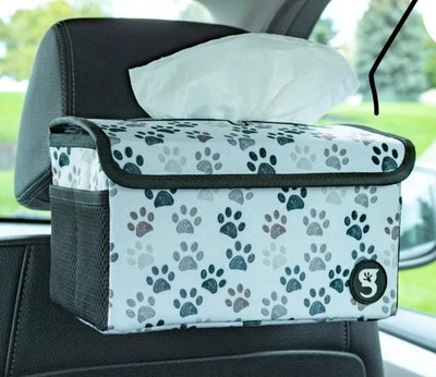 geckobrands Portable Car Headrest Visor Tissue Box Gray & White Paw Print Design