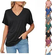 [Generic] Presencte New Casual Pullover V-Neck Solid Color Loose Ladies Tops, Women Summer Comfortable Oversized Tops, Black, XX-Large