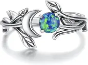 [Mic Tai] 925 Sterling Silver Opal Turquoise Moonstone Moon Ring - Adjustable Vintage Crescent Moon Ring Fire Opal Planet Earth Jewelry for Women Girls
