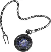 [Kirposh] Steampunk Skeleton Clock Men's Retro Automatic Mechanical Pocket Watch with Fob Chain Roman Numeral Timepiece