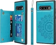 [Cavor] for Samsung Galaxy S10 Plus Case Flower PU Leather Wallet Flip Magnetic Clasp Protective Back Cover Kickstand with Lanyard Card Slots Holder Shockproof Case-Horizontal Mandala Blue