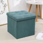 15 Inches Small Folding Storage Ottoman Cube, Linen Fabric Storage Footrest, Res