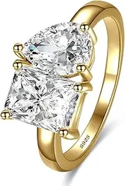 [Yaresul] Toi Et Moi Ring 925 Sterling Silver Women Engagement Ring White/14K Gold Plated 1.5ct 6x8mm Double Stone Ring Emerald & Pear Cut Wedding Eternity Ring Cubic Zirconia Width Band 2mm Size 5-9