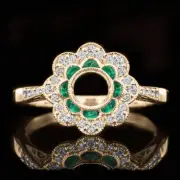 DIAMOND EMERALD FLOWER HALO RING SETTING 4.5mm MOUNT VINTAGE STYLE YELLOW GOLD