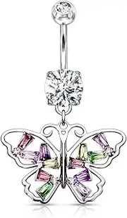 [beyoutifulthings] Belly Button Piercing Butterfly Mulit-Colour Baguette Zirconia Navel Piercing Surgical Steel Banana Bell Bar Length 10 mm