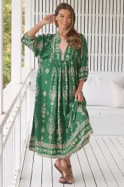JAASE - Boheme Midi Dress: Piping Defined Bust Slimline Smock Dress in Kiva Print
