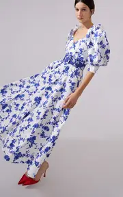 [Carolina Herrera] Belted Puff-Sleeve Stretch-Cotton Midi Dress