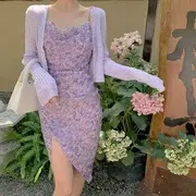 Spaghetti Strap Cowlneck Floral Slit Midi Dress / Cropped Cardigan Cardigan - Light Purple - One Size