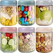 DIOZYRA 6 Pack Overnight Oats Containers with Lids,Reusable Glass Jars with Airtight Lids Wide Mouth Mason Salad Jar Meal Prep Jars for Overnight Oats, Cereal,Yogurt,Salad(16oz/480ml)