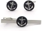 [Vodafor] Black Anchor Round Cufflinks and Tie Clip Set – Nautical-Inspired Design for Men, Elegant Accessories for Formal and Casual Occasions, Medium, Non-Precious Metal, No Gemstone