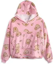 Girls Wearable Blanket Hoodie | Kids Pink Hooded Pullover with Pusheen Character All Over Print Sherpa Lined