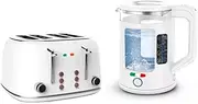 Vintage Toaster & 1.7L Glass Kettle Set - White Modern Design, 4 Slice - LED, Browning Control, Keep Warm - Chrome Trim - Stylish Kitchen Combo