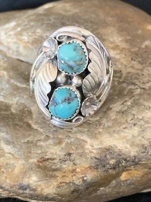 Kingman Turquoise 2 Stone Navajo Sterling Silver Ring Size 10.5 14171