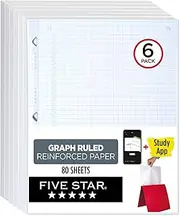 Five Star Loose Leaf Paper + Study App, 6 Pack, Notebook Paper, Graph Ruled Paper, 8-1/2" x 11", 80 Sheets per Pack, Reinforced Filler Paper, Fights Ink Bleed (170028)