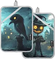 AIXIWAWA Halloween Crow Scarecrow Pot Holders 2 Pack, Insulated Heat Resistant Hot Pads Oven Mitts with Pocket for Kitchen Cooking Baking 7x9.8 inches