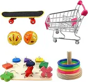 6 Pieces Parrot Bird Toys - Includes Mini Shopping Cart, Skateboard, Stacking Rings, Puzzle Blocks | Safe, Colorful and Durable for Parrots, Cone-Tailed Parrots and Cockatiels