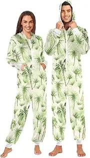 [ZZXXB] Coconut Palm Tree Onesie Pajamas for Adult Women Men Long Sleeves One Piece Onesies Hooded Sleepwear S - XL