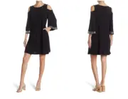 NINA LEONARD Black Silver Sequin Trim Cold Shoulder Sleeve Trapeze Dress L 12/14