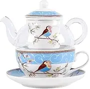 YBK Tech Tea for One Set, Glass Teapot with Porcelain Infuser Strainer and Cup & Saucer- Happy Bird Pattern (Blue)