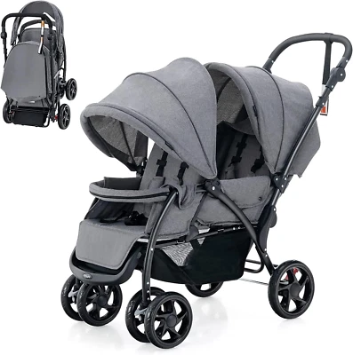 Foldable Tandem Stroller, Double Seat Baby Pram W/Adjustable Backrest, Push Hand