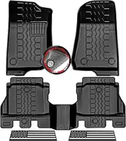 Torcia All-Weather Floor Mats for 2018-2024 Jeep Wrangler JL Unlimited | 1st & 2nd Row Car Floor Liners with Instant Absorbent Pad & Anti-Slip Spikes | American Flag (Black and White)