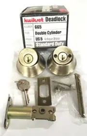 KWIKSET 665 ,DOUBLE CYLINDER DEADLOCK,US5 ANTIQUE BRASS 2-3/8" BS,1-3/8 1-3/4DR
