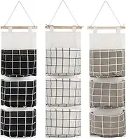 AUHOKY 3Pcs Wall Closet Hanging Storage Bag, Premium Linen Fabric Over The Door Organizer, Hanging Storage Pouches with 3 Pockets for Bedroom Bathroom - Waterproof & Stylish (Black/Gray/White)