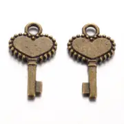 10 Skeleton Key Charms Antique Bronze Tone Heart Keys Steampunk Findings