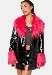 [Superforme] Black Vinyl Coat With Red Fur Trim