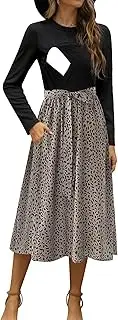[CzzzyL] Women Nursing Dress Long Sleeve Floral Patchwork Ribbed Pregnancy Tie Waist Work Outfits with Pockets