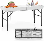 [Costway] 1.5M Folding Ice Cooler Table, Outdoor Chilling Table w/Double Sinks, Matching Skirt & Drain Hose, Beverage Cold Food Keeper, Portable Patio Table for Camping, Party, Picnic, Wedding