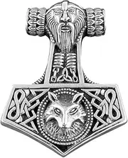 [Elegant Jewel] 925 Sterling Silver Viking Wolf Thor Hammer Mjölnir Mjolnir Charm Pendant 33mm, Sterling Silver