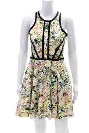 Parker Womens Leaf Print Zip Sleeveless Halter Neck Mini Dress White Size S